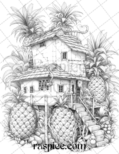 50 Pineapple Houses Grayscale Coloring Pages Printable for Adults, PDF File Instant Download