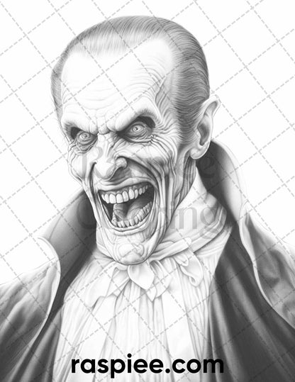 50 Count Dracula Grayscale Coloring Pages Printable for Adults, PDF File Instant Download