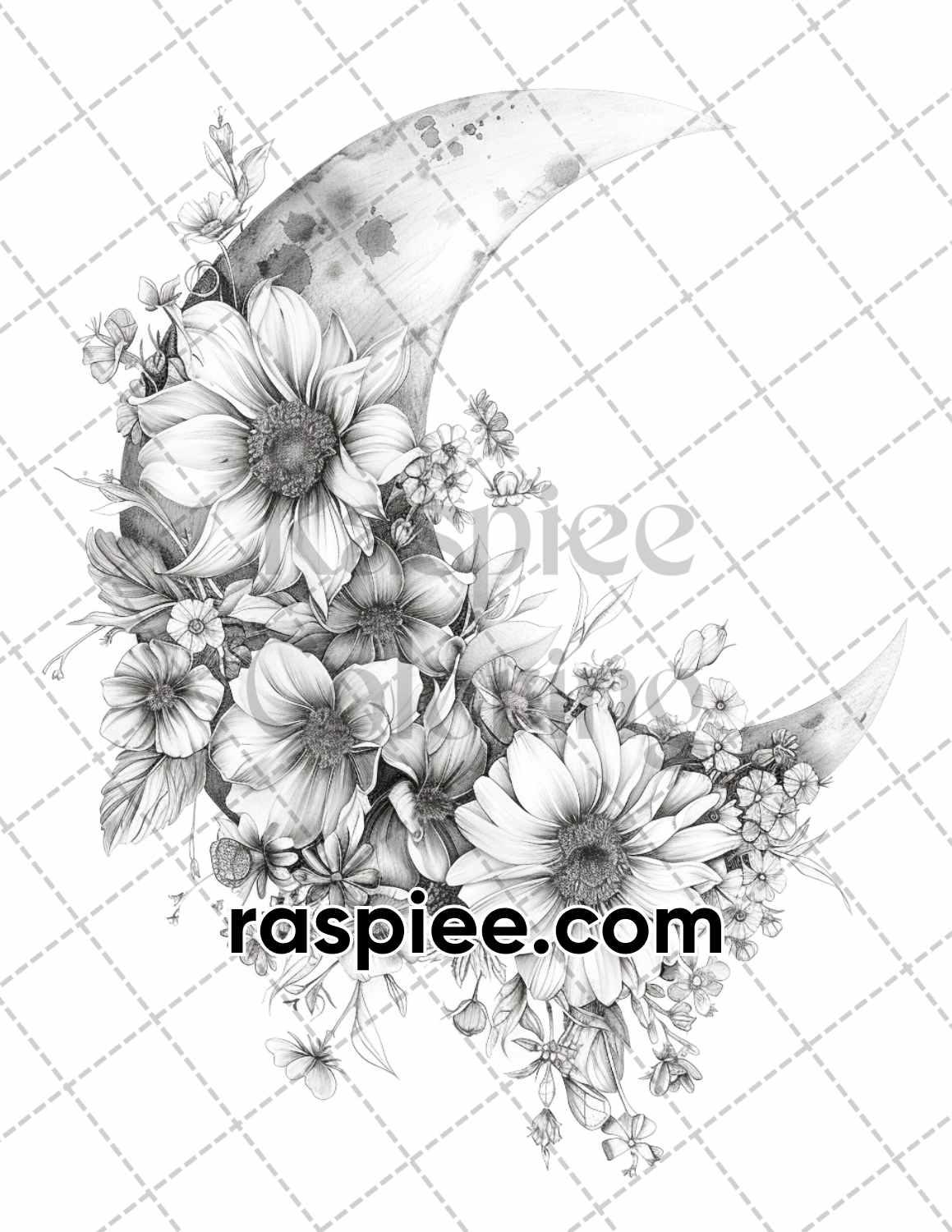 60 Boho Moon Floral Grayscale Adult Coloring Pages Printable PDF Instant Download