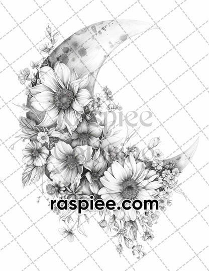 60 Boho Moon Floral Grayscale Adult Coloring Pages Printable PDF Instant Download