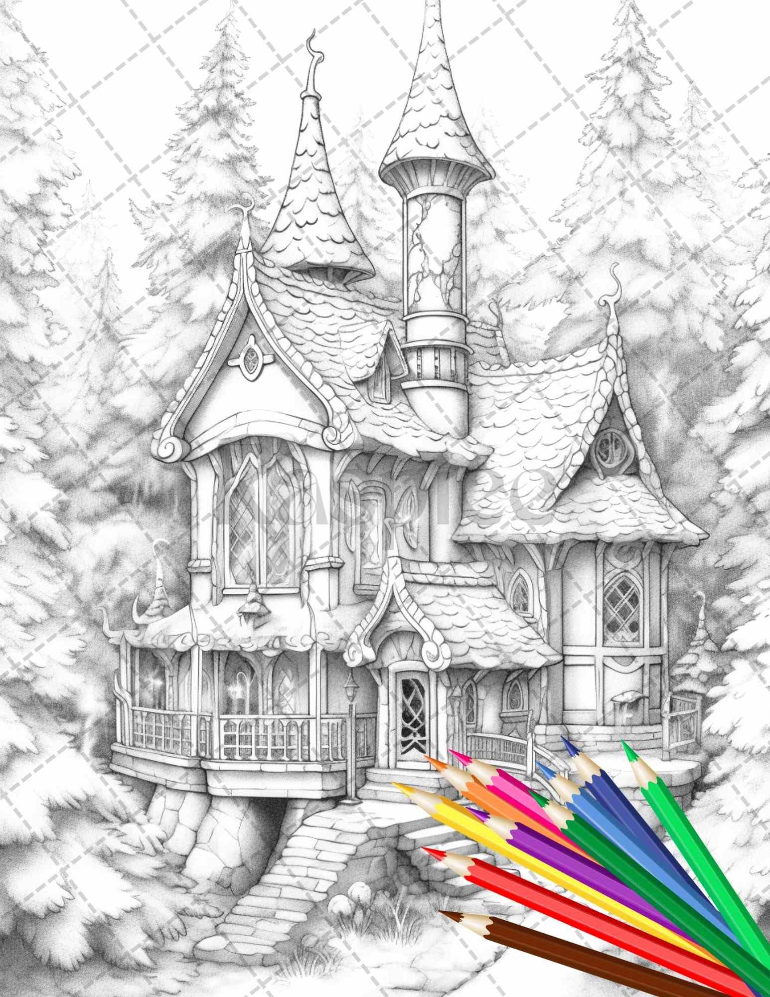 63 Winter Fairy Houses Grayscale Coloring Pages Printable for Adults, PDF File Instant Download