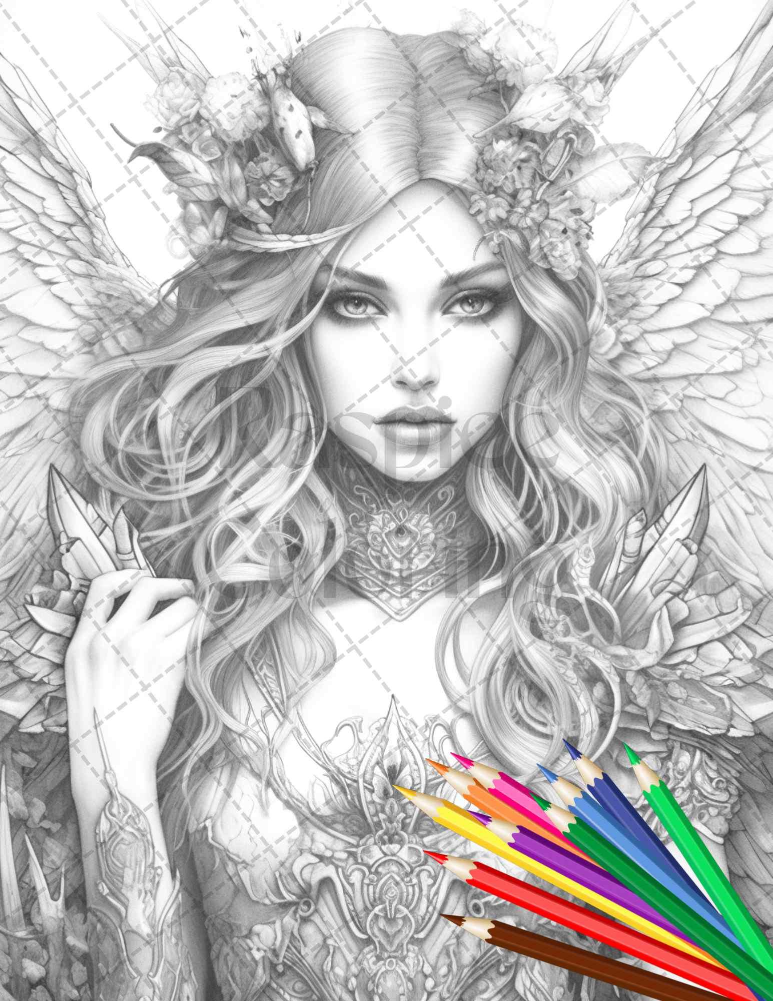 Beautiful Dark Fairy Grayscale Coloring Pages Printable for Adults, PDF File Instant Download