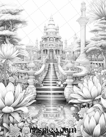 Mystical World Grayscale Coloring Pages Printable for Adults, Enchanting Fantasy Designs, PDF File Instant Download