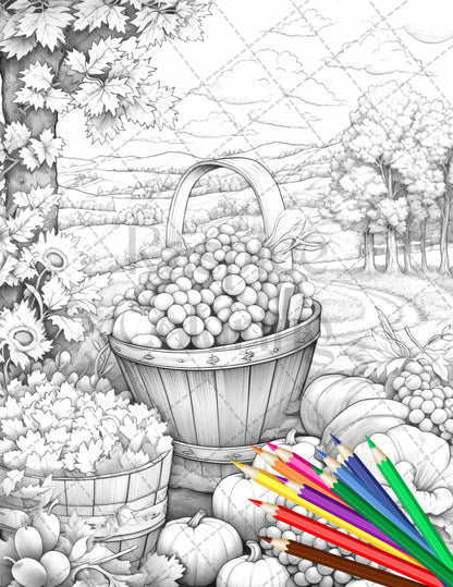 Autumn Harvest Grayscale Coloring Pages Printable for Adults, Relaxing Fall Themed Art, PDF File Instant Download