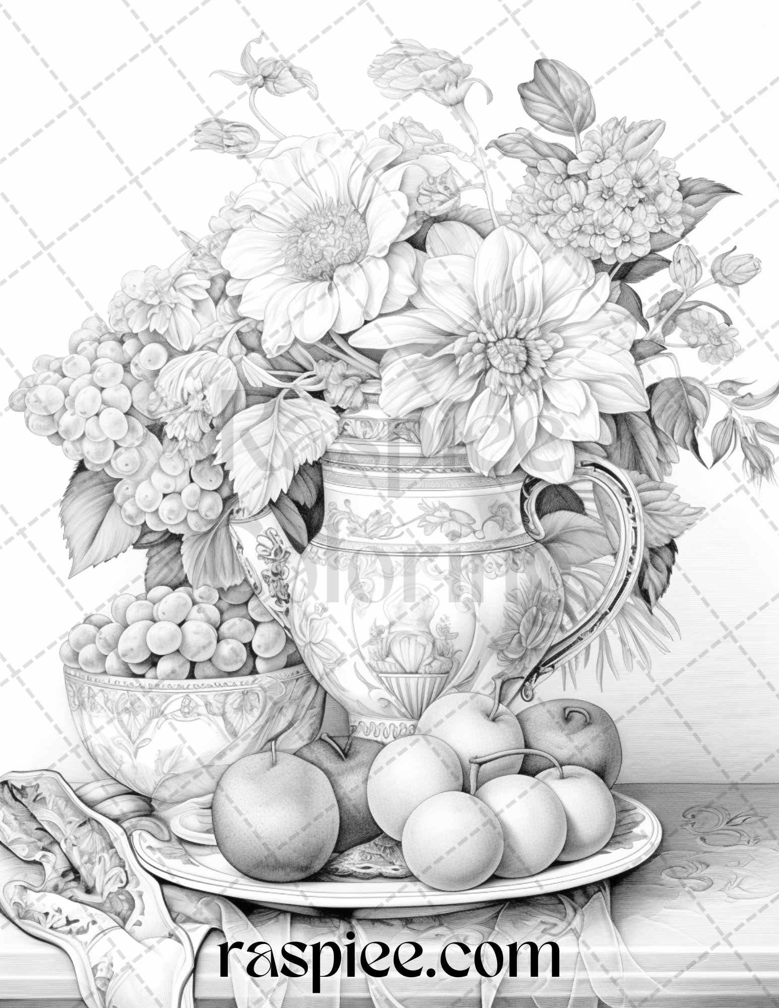 52 Still Life Grayscale Coloring Pages Printable for Adults, PDF File Instant Download