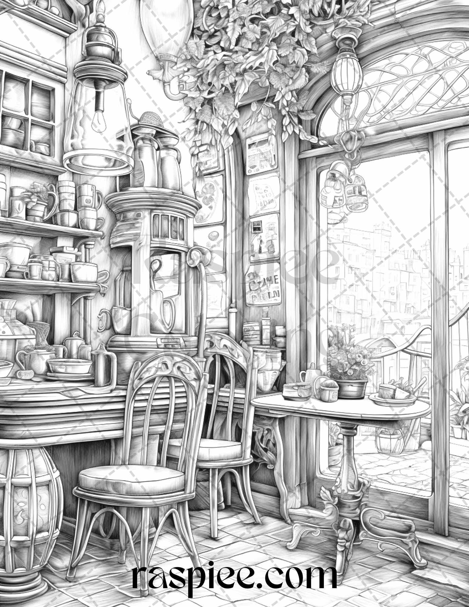 50 Cozy Coffee Shop Grayscale Coloring Pages Printable for Adults, PDF File Instant Download