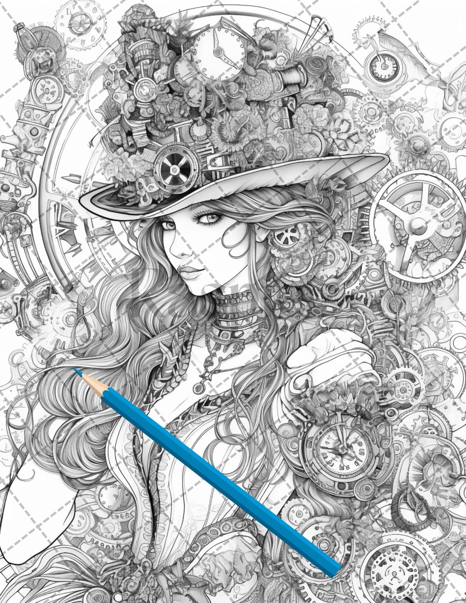 30 Steampunk Girls Coloring Pages Printable for Adults, Victorian Inspired Adult Grayscale Coloring Book, PDF File Download