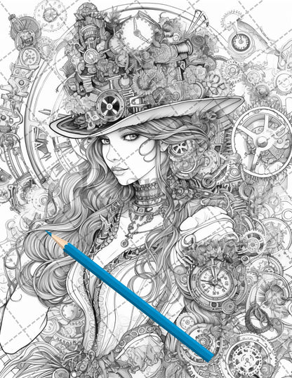 30 Steampunk Girls Coloring Pages Printable for Adults, Victorian Inspired Adult Grayscale Coloring Book, PDF File Download