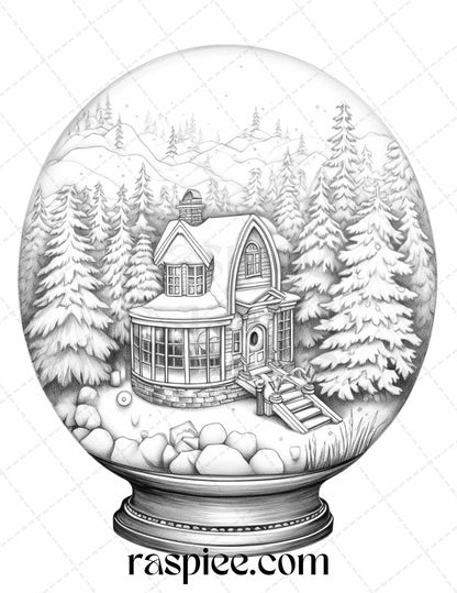 Cozy Cabin in Snow Globe Grayscale Coloring Pages Printable for Adults, PDF File Instant Download