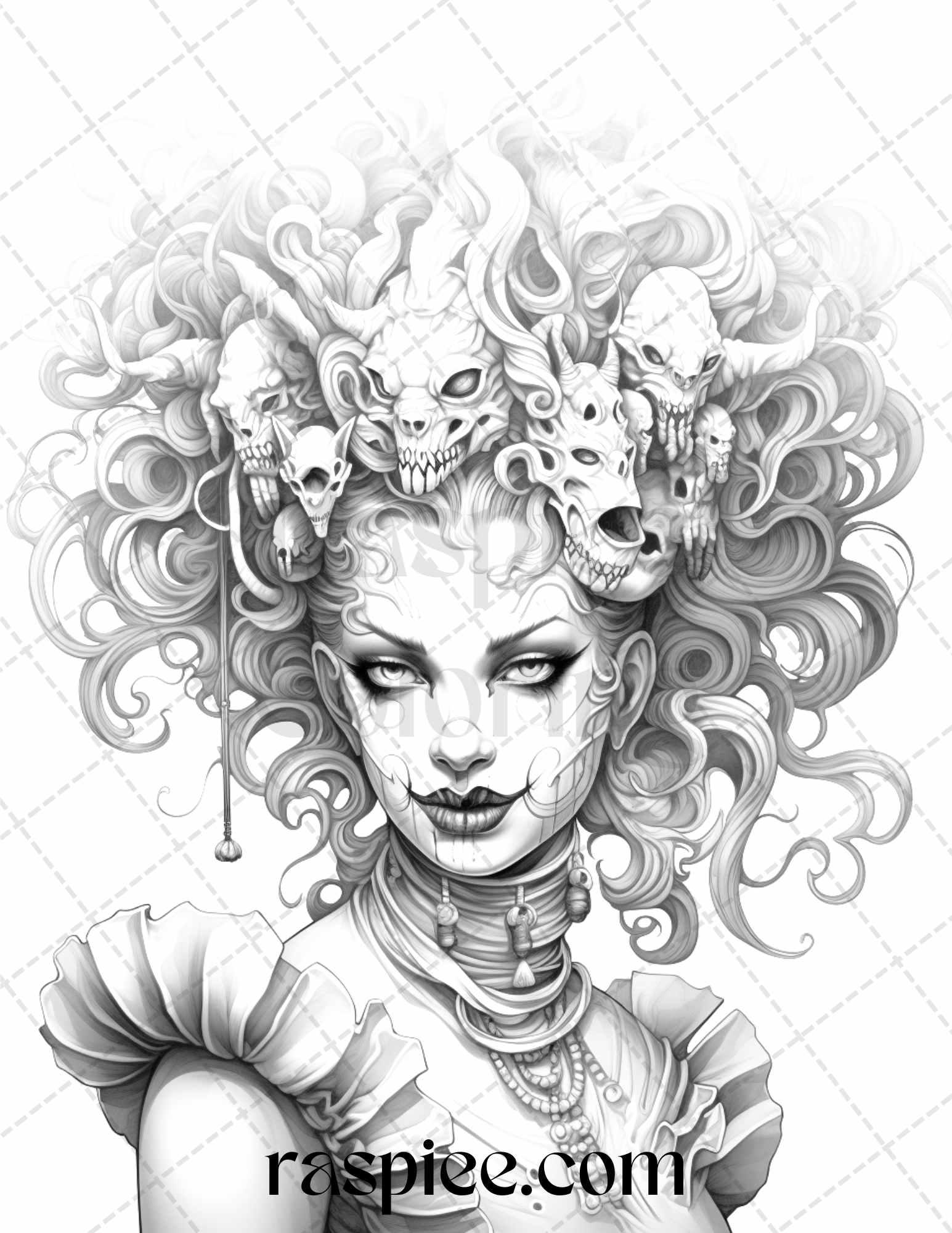50 Scary Clown Girls Grayscale Coloring Pages Printable for Adults, PDF File Instant Download