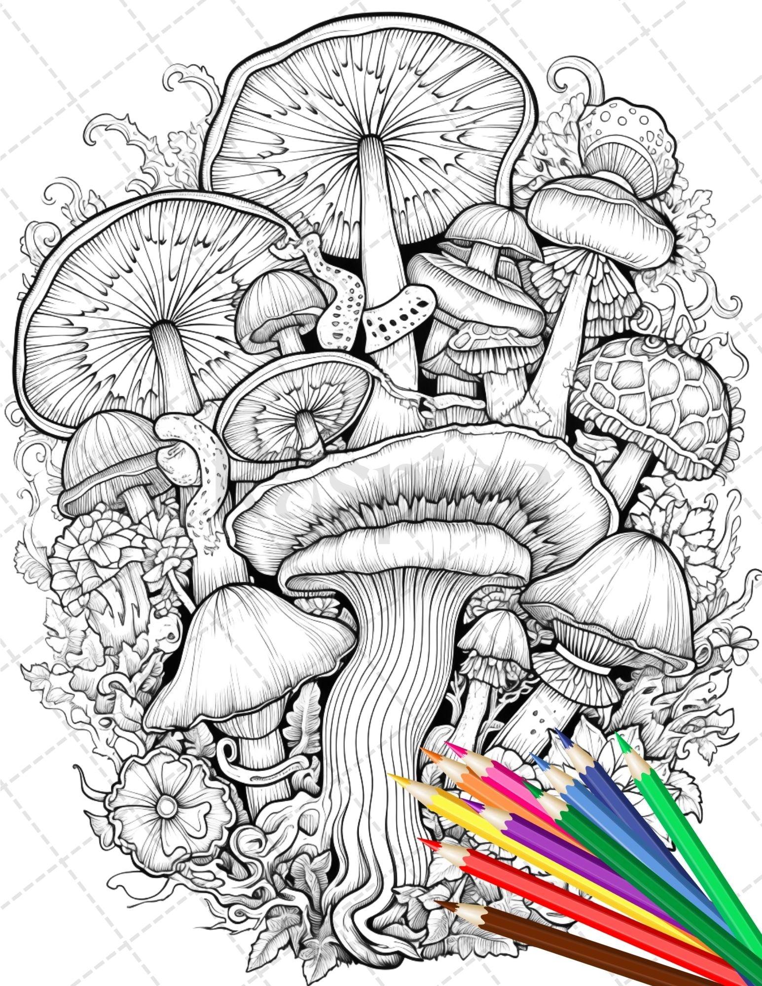 Psychedelic Mushroom Forest Coloring Book Printable for Adults, Trippy Grayscale Coloring Page, PDF File Instant Download