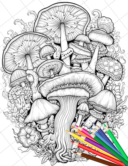 Psychedelic Mushroom Forest Coloring Book Printable for Adults, Trippy Grayscale Coloring Page, PDF File Instant Download
