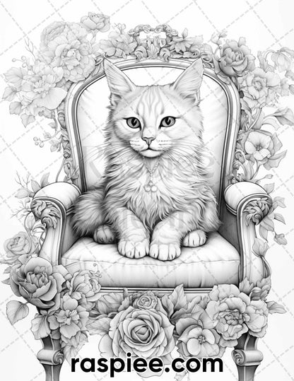 50 Royal King Cat Grayscale Coloring Pages for Adults, Printable PDF Instant Download