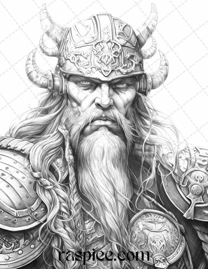55 Viking Warriors Portrait Grayscale Coloring Pages Printable for Adults, PDF File Instant Download