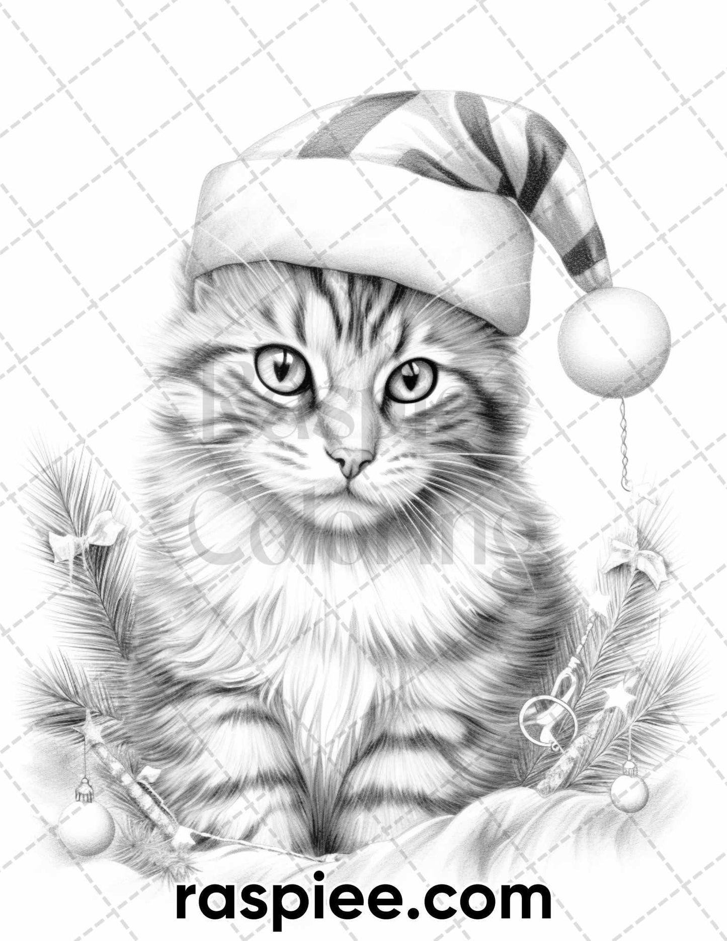 40 Christmas Cats Grayscale Coloring Pages for Adults, Printable PDF Instant Download