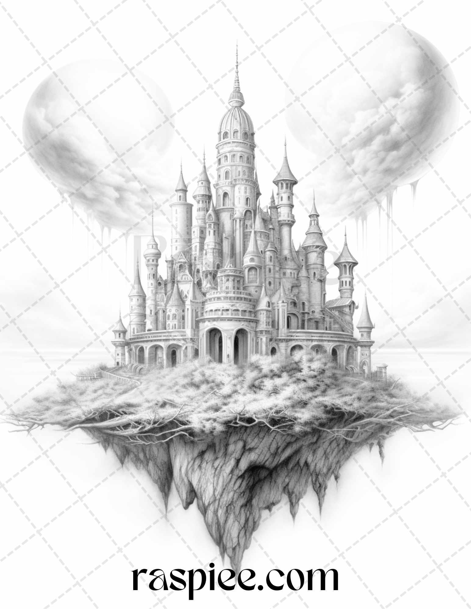 Floating Castle in the Sky Grayscale Coloring Pages for Adults, Printable PDF File Instant Download