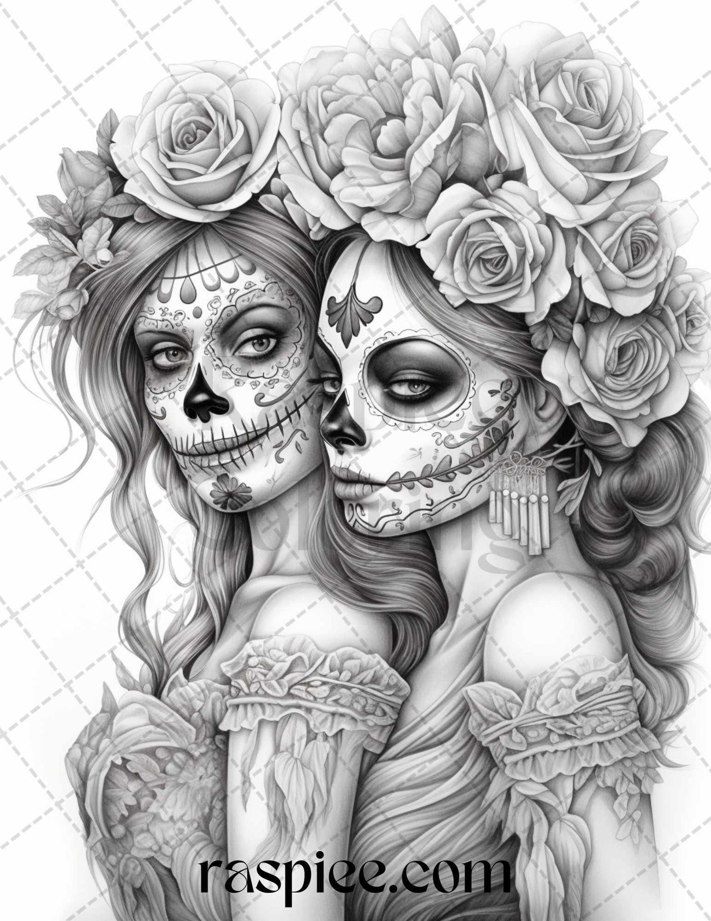 50 Day of the Dead Grayscale Coloring Pages Printable for Adults, PDF File Instant Download