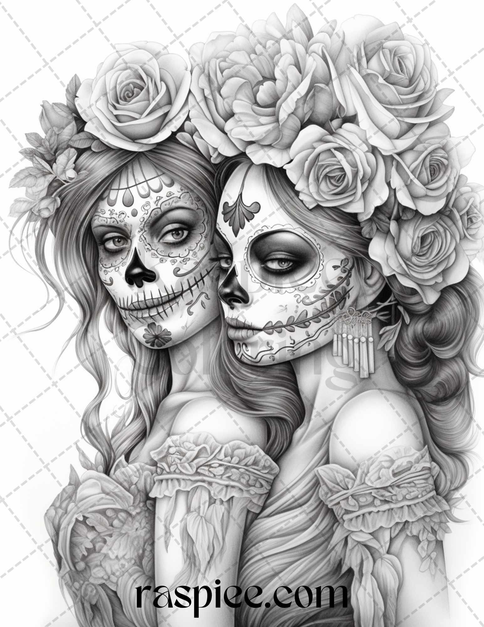 50 Day of the Dead Grayscale Coloring Pages Printable for Adults, PDF File Instant Download