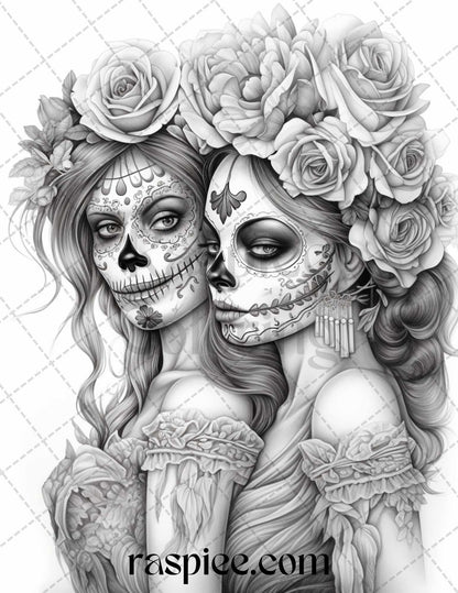 50 Day of the Dead Grayscale Coloring Pages Printable for Adults, PDF File Instant Download