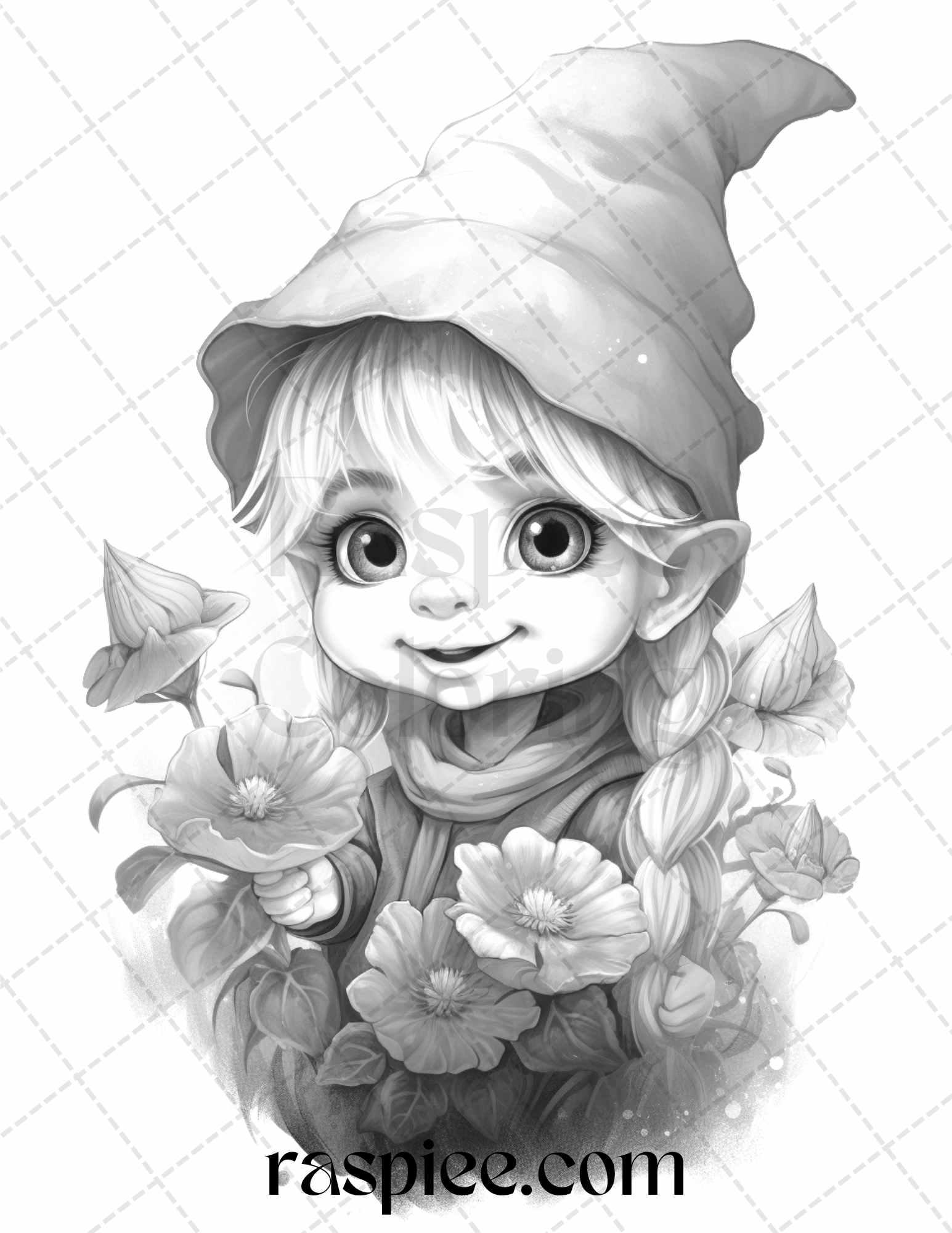 50 Flower Gnomes Grayscale Coloring Pages Printable for Adults Kids, PDF File Instant Download