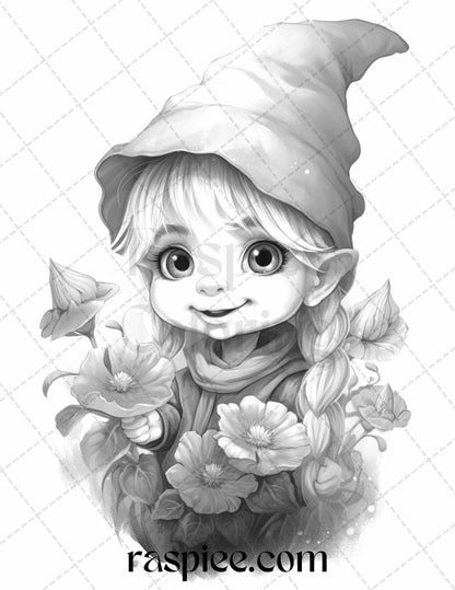 50 Flower Gnomes Grayscale Coloring Pages Printable for Adults Kids, PDF File Instant Download