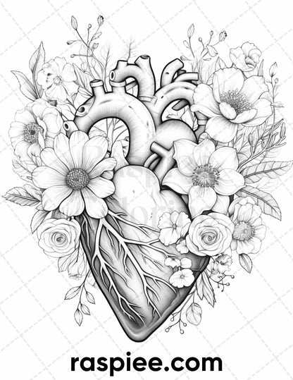 50 Sweet Valentine Grayscale Adult Coloring Pages, Printable PDF Instant Download