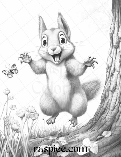 52 Adorable Squirrels Grayscale Coloring Pages Printable for Adults Kids, PDF File Instant Download