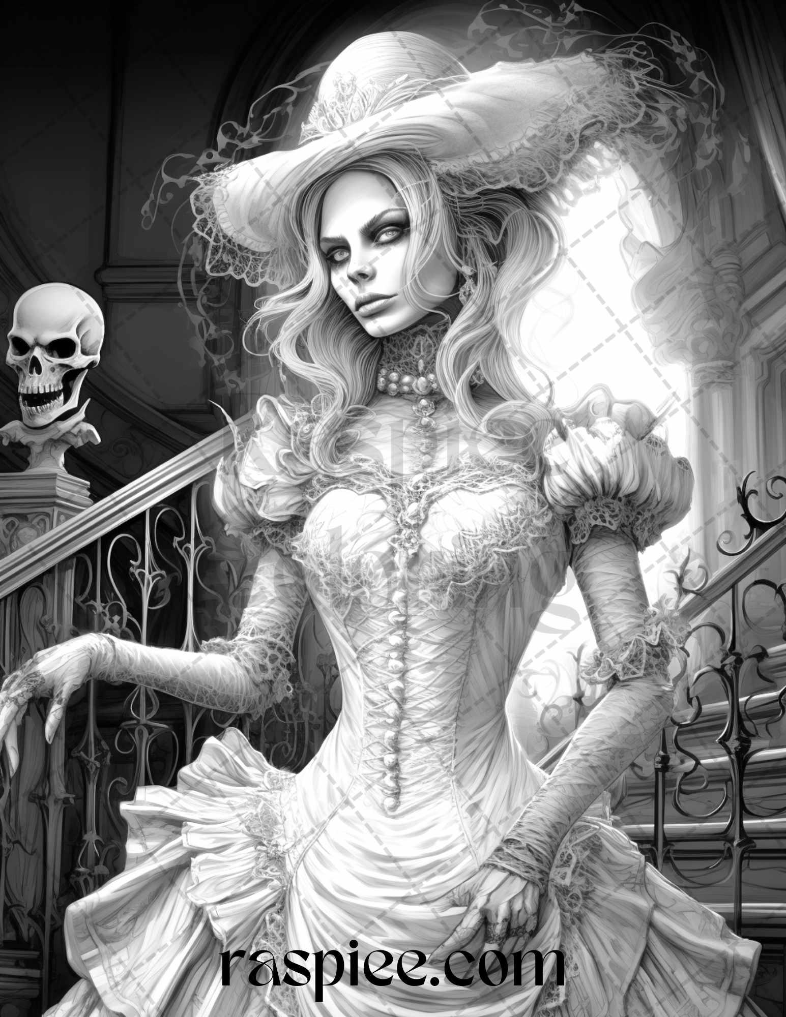 60 Halloween Victorian Era Grayscale Coloring Pages Printable for Adults, PDF File Instant Download
