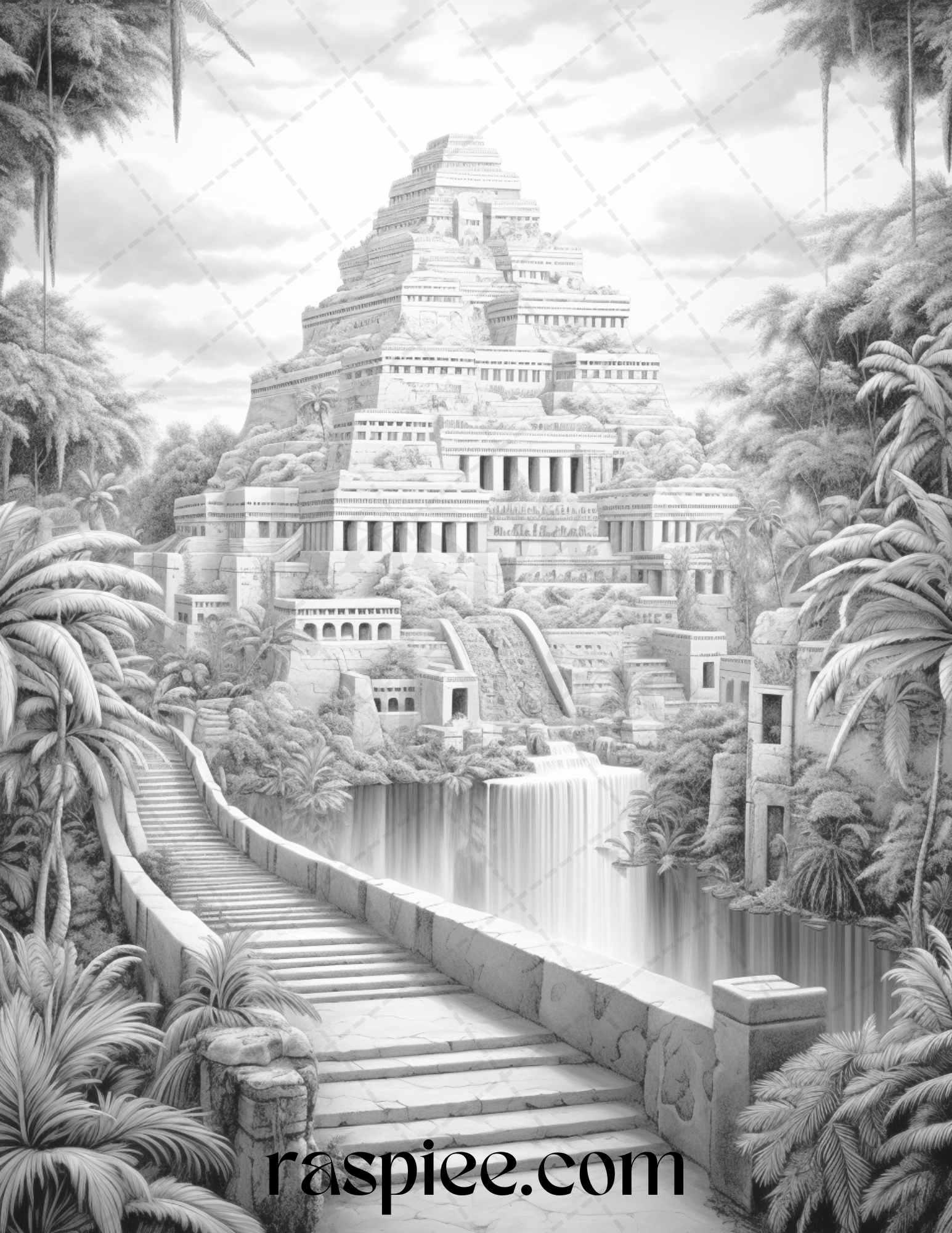 Hanging Gardens of Babylon Grayscale Coloring Pages Printable, PDF File Instant Download