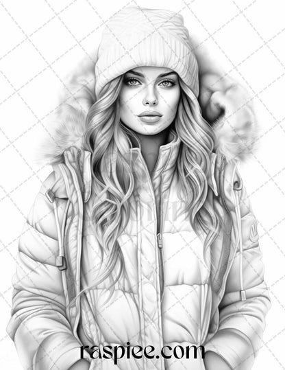 40 Winter Fashion Grayscale Coloring Pages Printable for Adults, PDF File Instant Download