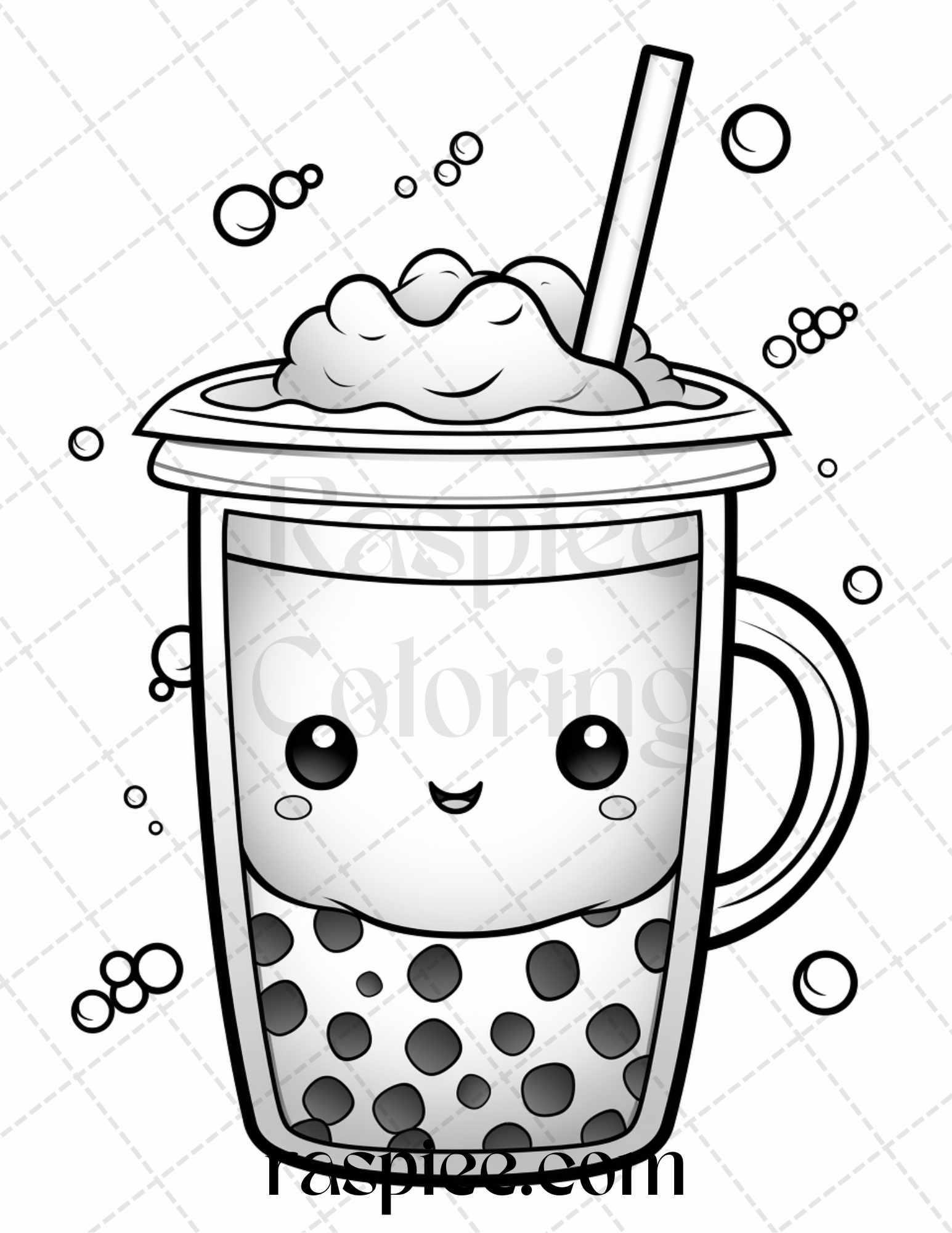 50 Cute Kawaii Boba Tea Grayscale Coloring Pages for Adults and Kids, Printable PDF File Instant Download