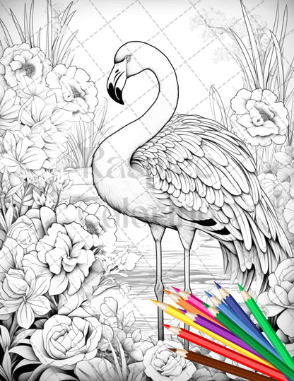 Flamingo Oasis Grayscale Coloring Pages Printable for Adults, PDF File Instant Download