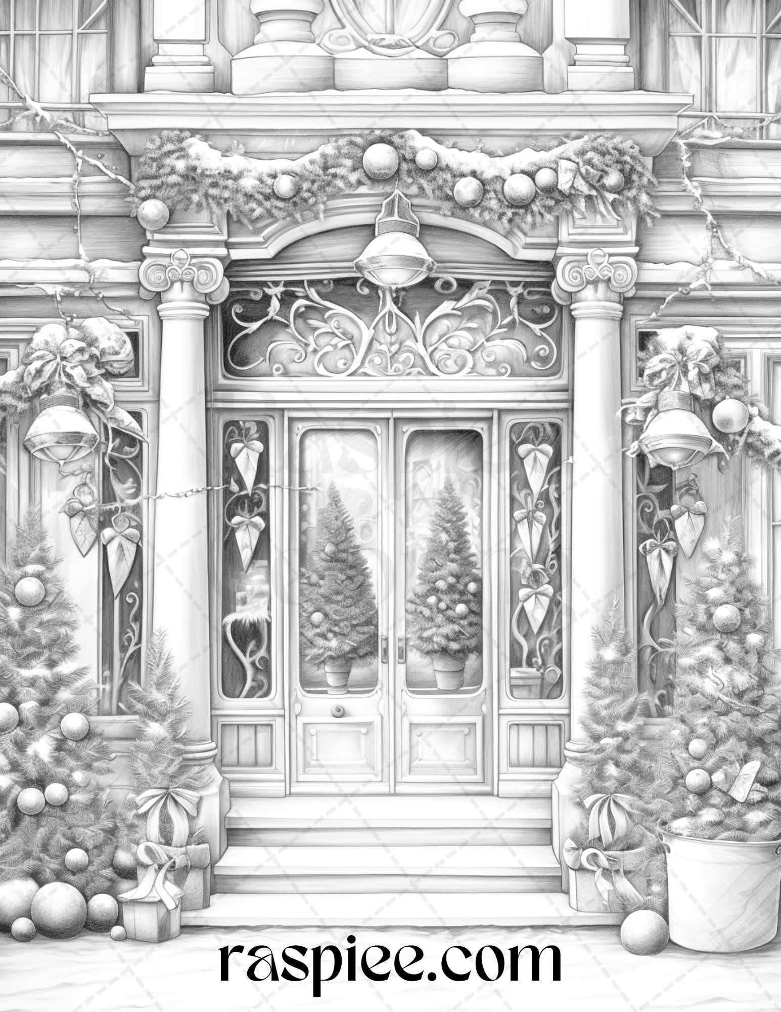 Christmas Store Front Grayscale Coloring Pages for Adults, PDF Printable Instant Download