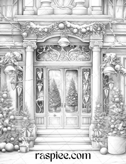 Christmas Store Front Grayscale Coloring Pages for Adults, PDF Printable Instant Download
