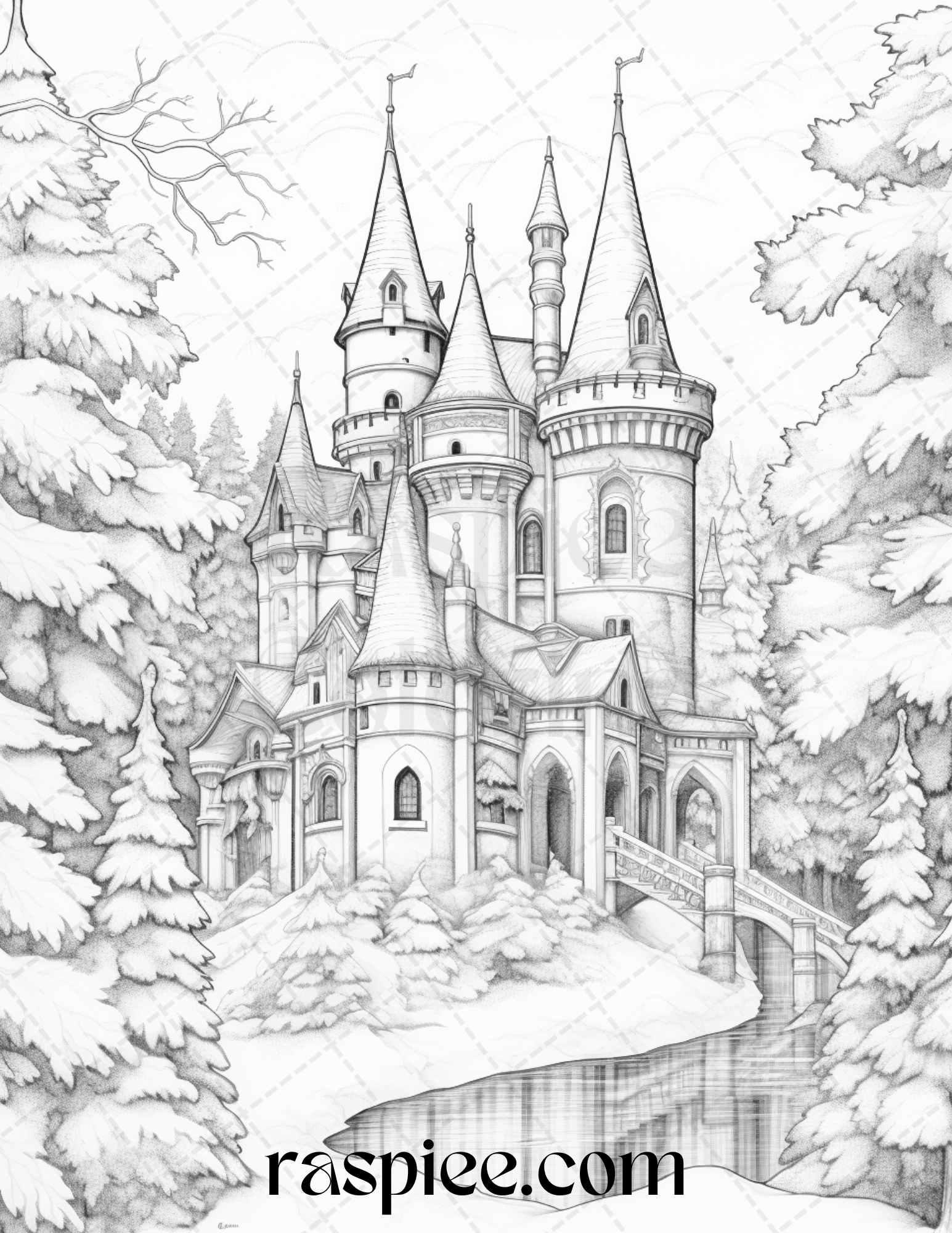 Winter Scenery Grayscale Coloring Pages Printable, Relaxing Snowy Landscapes, PDF File Instant Download