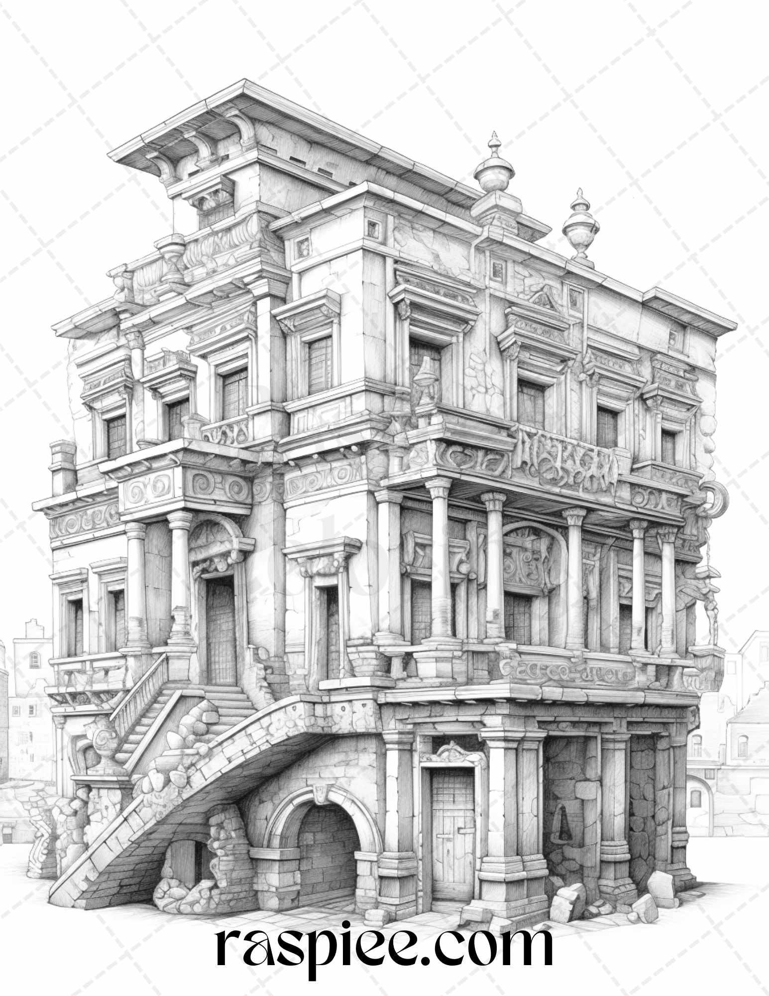 Roman Architecture Grayscale Coloring Pages Printable for Adults, PDF File Instant Download