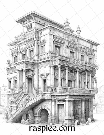 Roman Architecture Grayscale Coloring Pages Printable for Adults, PDF File Instant Download