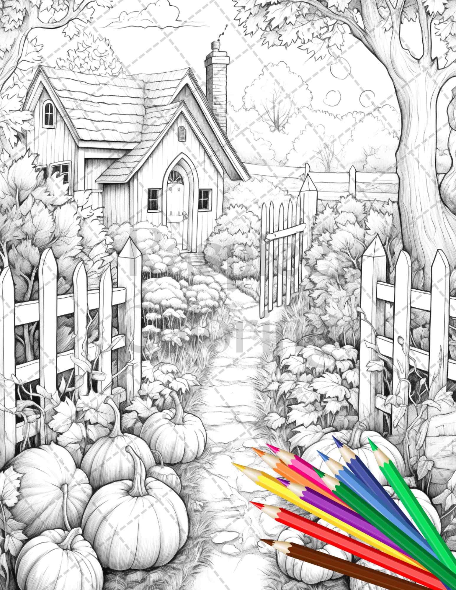 Pumpkin Garden Scenery Grayscale Coloring Pages Printable for Adults, PDF File Instant Download
