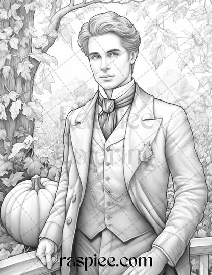 60 Victorian Autumn Portrait Grayscale Coloring Pages Printable for Adults, PDF File Instant Download