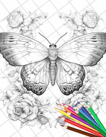 32 Beautiful Moths and Floral Coloring Book for Adults, Grayscale Coloring Page, Printable PDF Instant Download