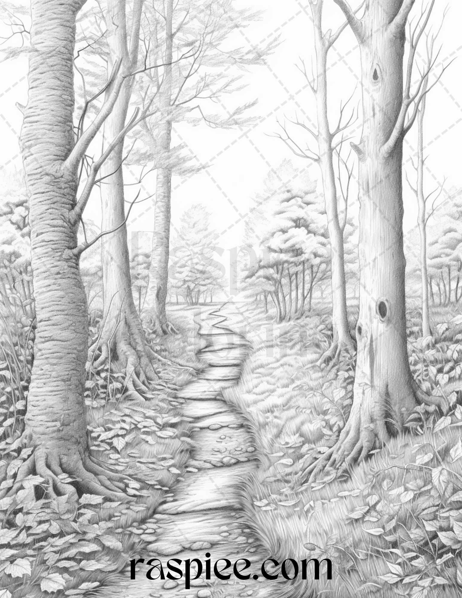 Autumn Scenery Grayscale Coloring Pages Printable for Adults, PDF File Instant Download