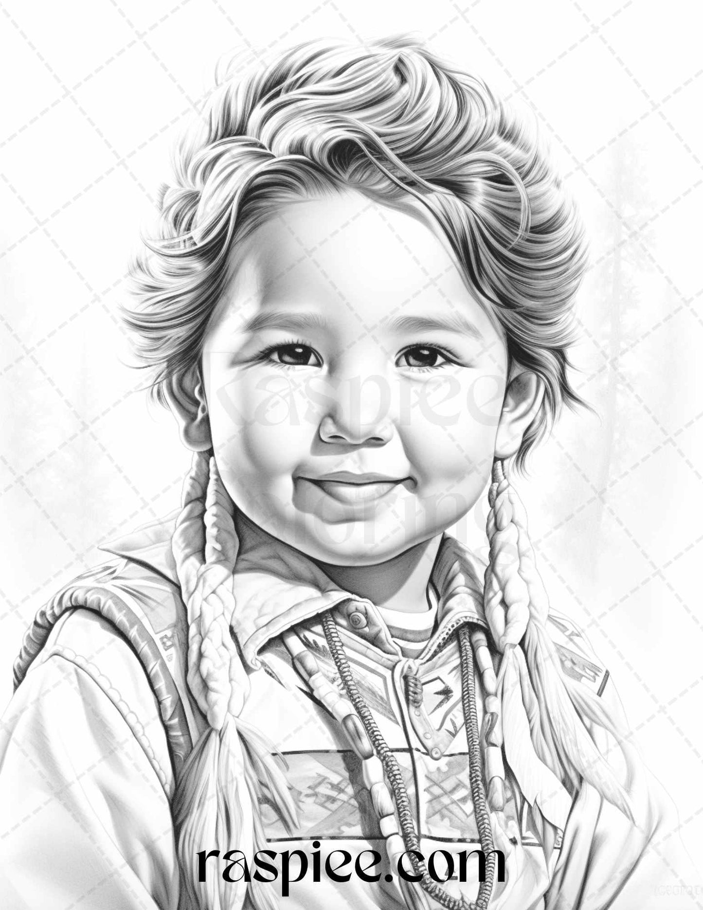 50 Native American Little Girls Boys Grayscale Coloring Pages Printable for Adults Kids, PDF File Instant Download