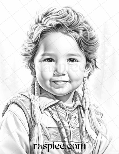 50 Native American Little Girls Boys Grayscale Coloring Pages Printable for Adults Kids, PDF File Instant Download