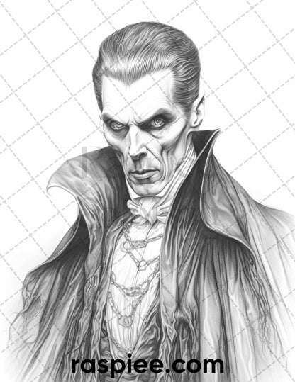 50 Count Dracula Grayscale Coloring Pages Printable for Adults, PDF File Instant Download