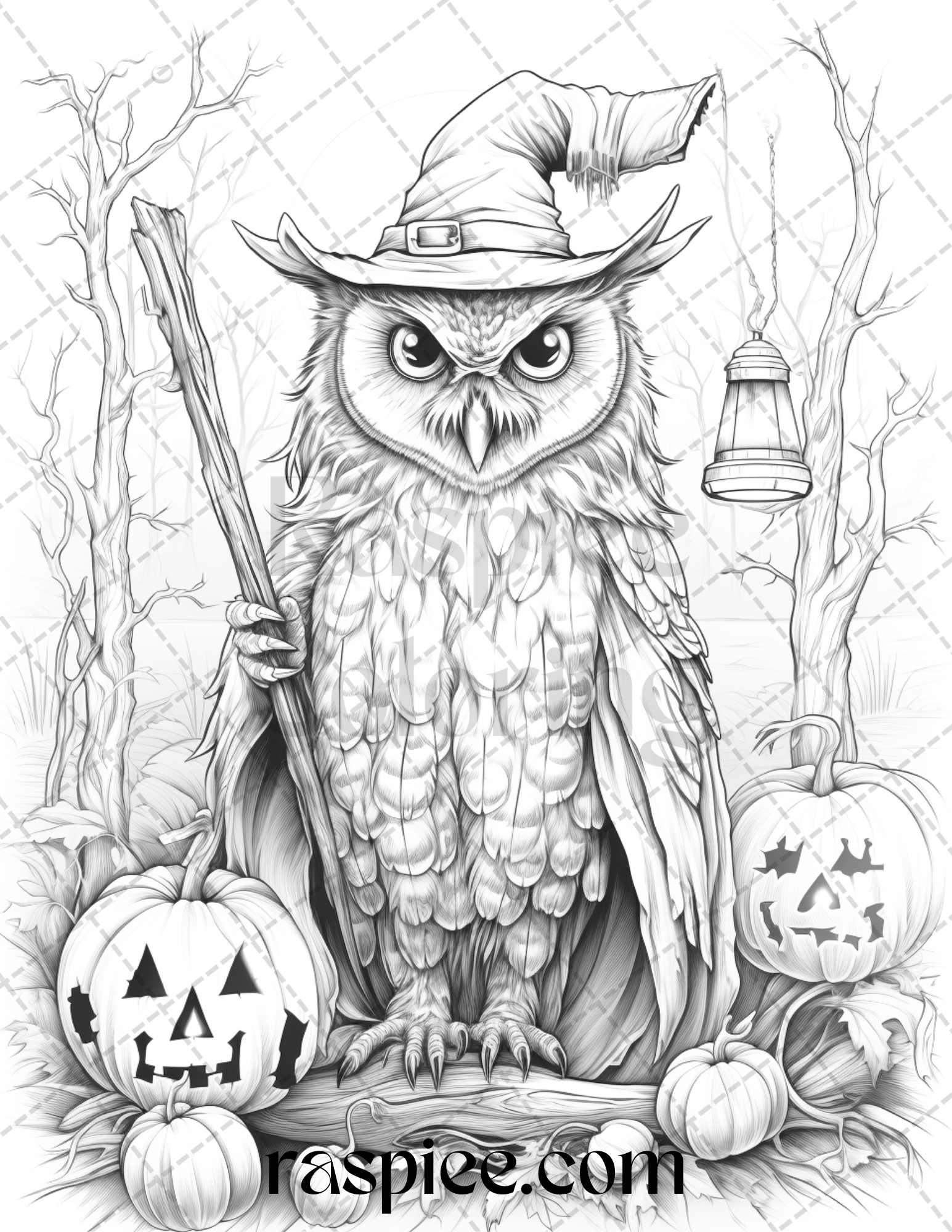 Halloween Witch Owl Grayscale Coloring Pages for Adults and Kids, Printable PDF Instant Download