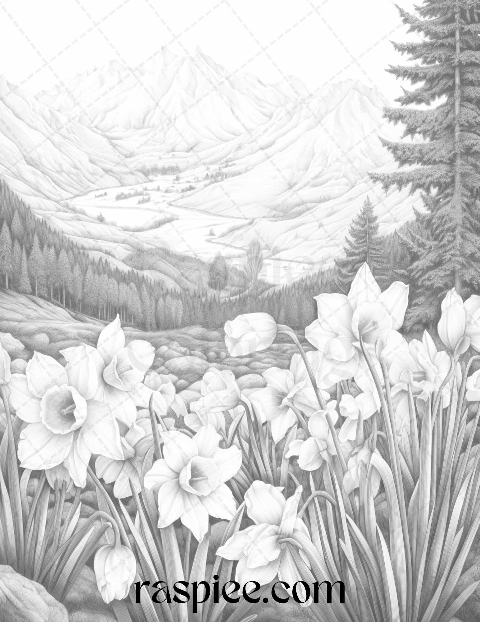 60 Mountain Flower Landscapes Grayscale Coloring Pages Printable for Adults, PDF File Instant Download