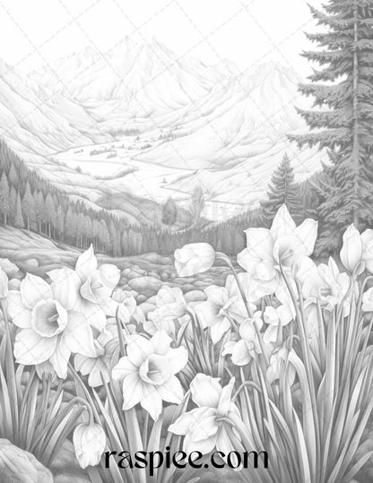 60 Mountain Flower Landscapes Grayscale Coloring Pages Printable for Adults, PDF File Instant Download