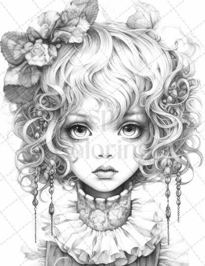 60 Adorable Gothic Girls Grayscale Coloring Pages Printable for Adults, PDF File Instant Download