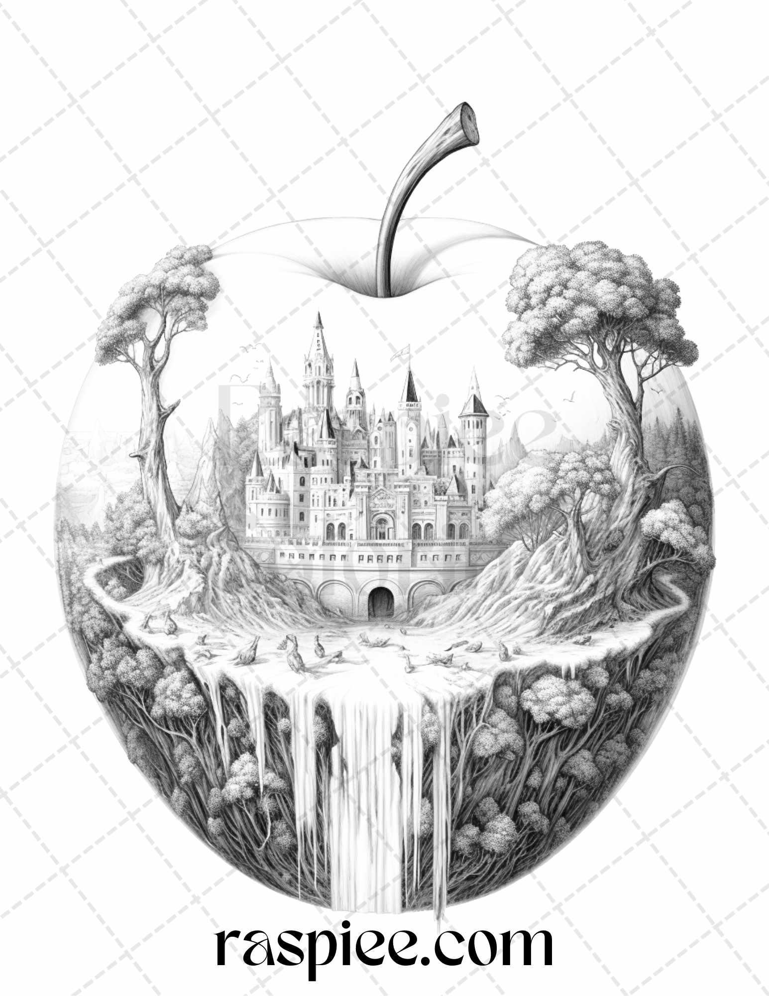 60 Miniworld in the Apple Grayscale Coloring Pages Printable for Adults, PDF File Instant Download