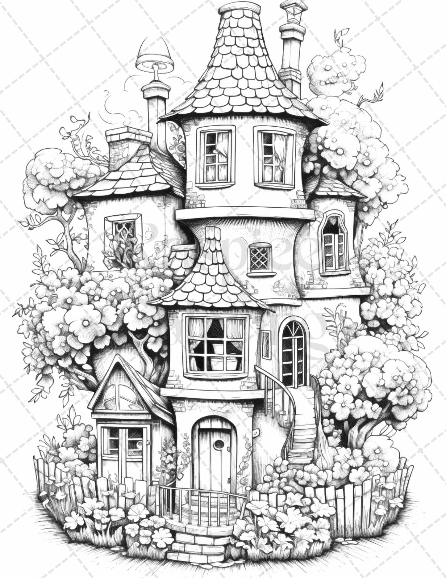 60 Flower Houses Grayscale Coloring Pages Printable for Adults, PDF File Instant Download
